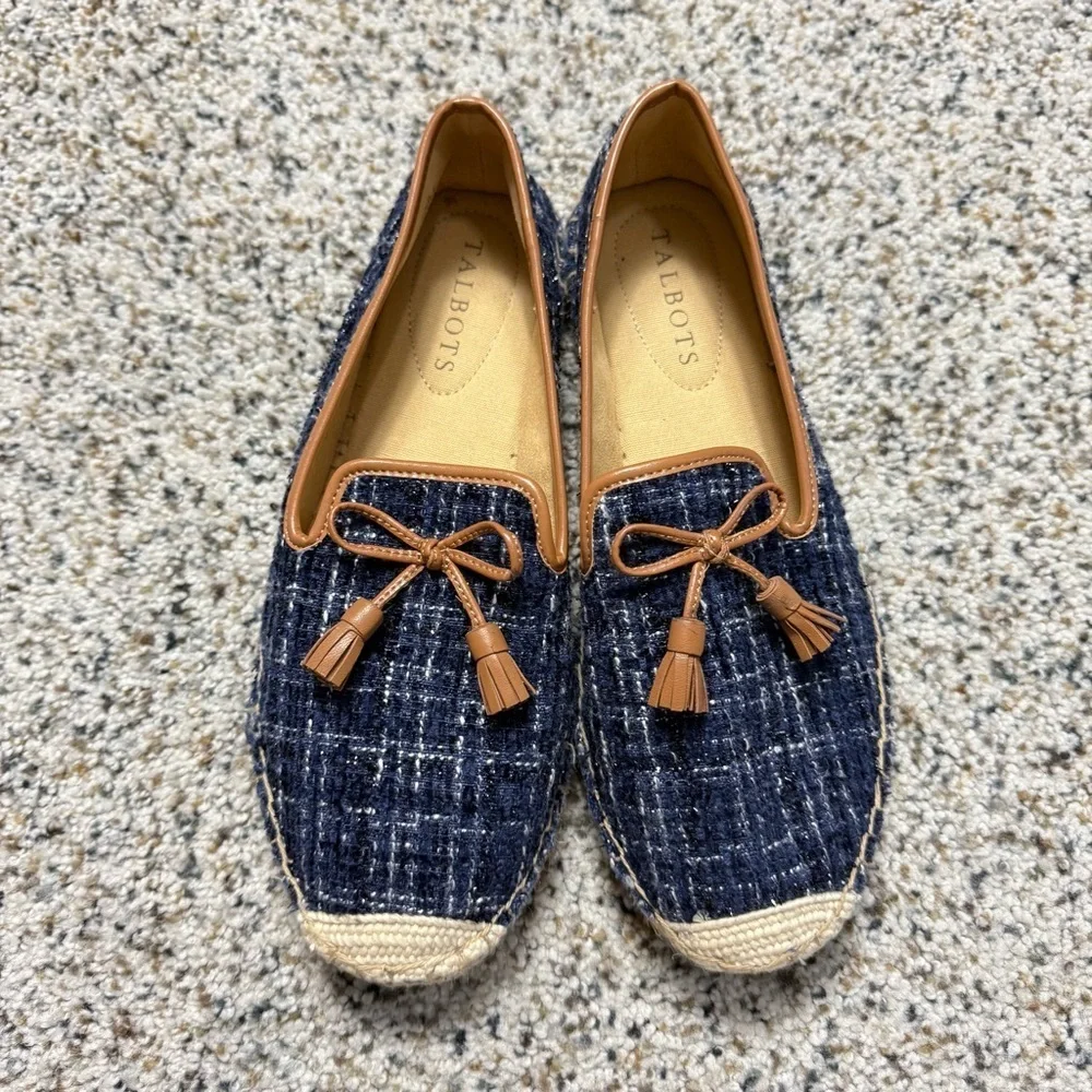 Talbots Izzy Tassel Espadrilles Boucle Womens 6.5 Blue Tan Brown Shoes Preppy